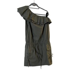 MODA INTERNATIONAL ruffled one shoulder army olive green cotton utility dress